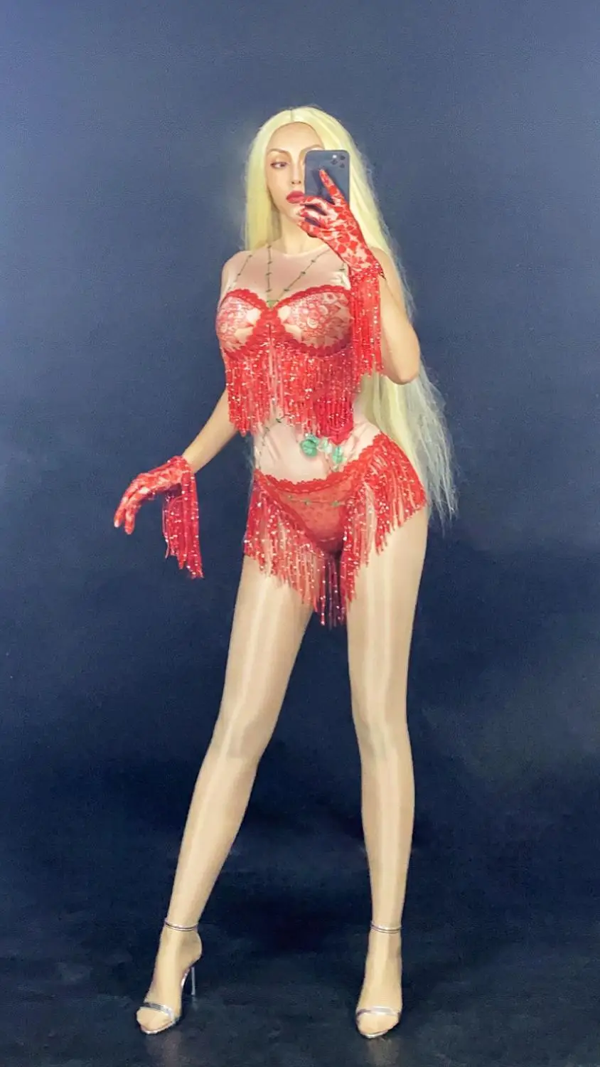 

Lady's Jumpsuit High-end Custom Women Stage And Dance Wear Fashion Style Sexy Beautiful Red Lace Tassels Bodysuit With Glove