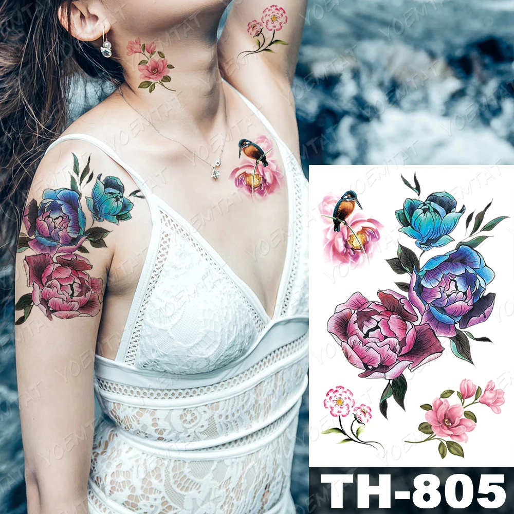 

Waterproof Temporary Tattoo Sticker Bird Peony Flowers Tattoos Cherry Blossom Rose Body Art Arm Fake Tatoo Women Men
