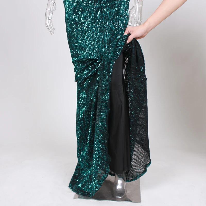 Платье макси с блестками одним рукавом и открытым плечом|Женские платья| |