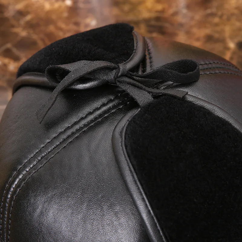 100% Genuine Leather  man winter hat man earmuffs sheep leather cap middle-aged and  leather hat warm wool cap
