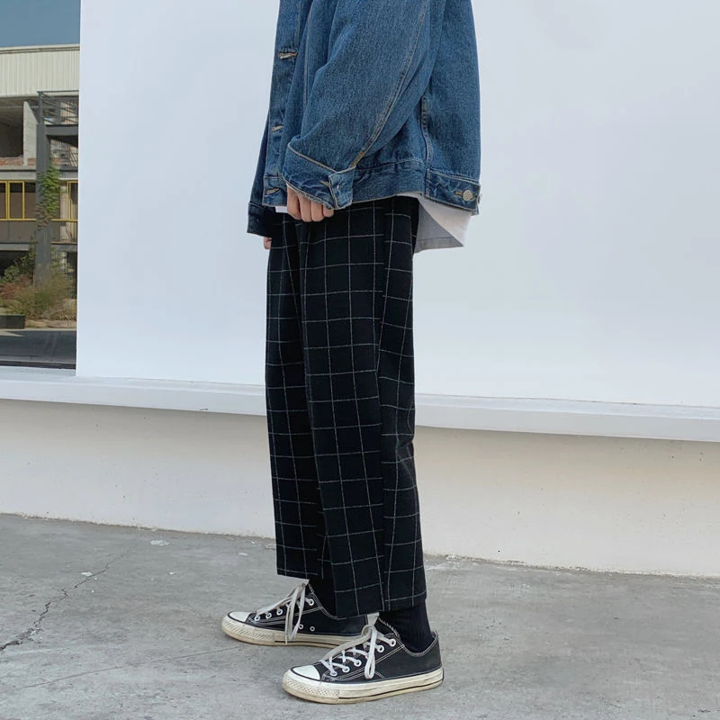 

Winter Thick Woolen Pants Men's Warmth Fashion Retro Casual Plaid Pants Men Streetwear Korean Style Straight Wide Leg Pants Mens