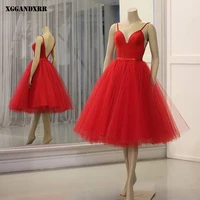 beautiful a line prom dress 2022 tulle pleat tea length red v neck sleeveless evening dress custom made
