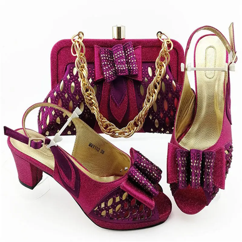 

New Arrival Fashion High Heels 7CM Shoes And Bag Set For New Year Party Italian Style Classics Magenta Color Shoes And Bag Set