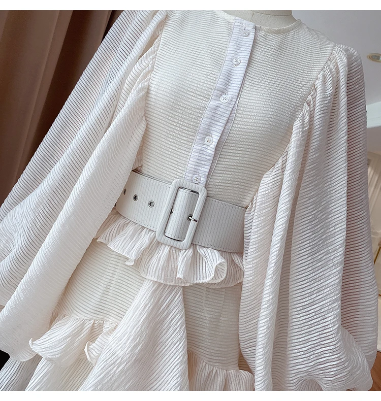 

2021 Spring Autumn Australia Design Irregular Ruffled Waist Dress Pleated Lantern Sleeve Fashion Elegant Lady Knee Length Dress