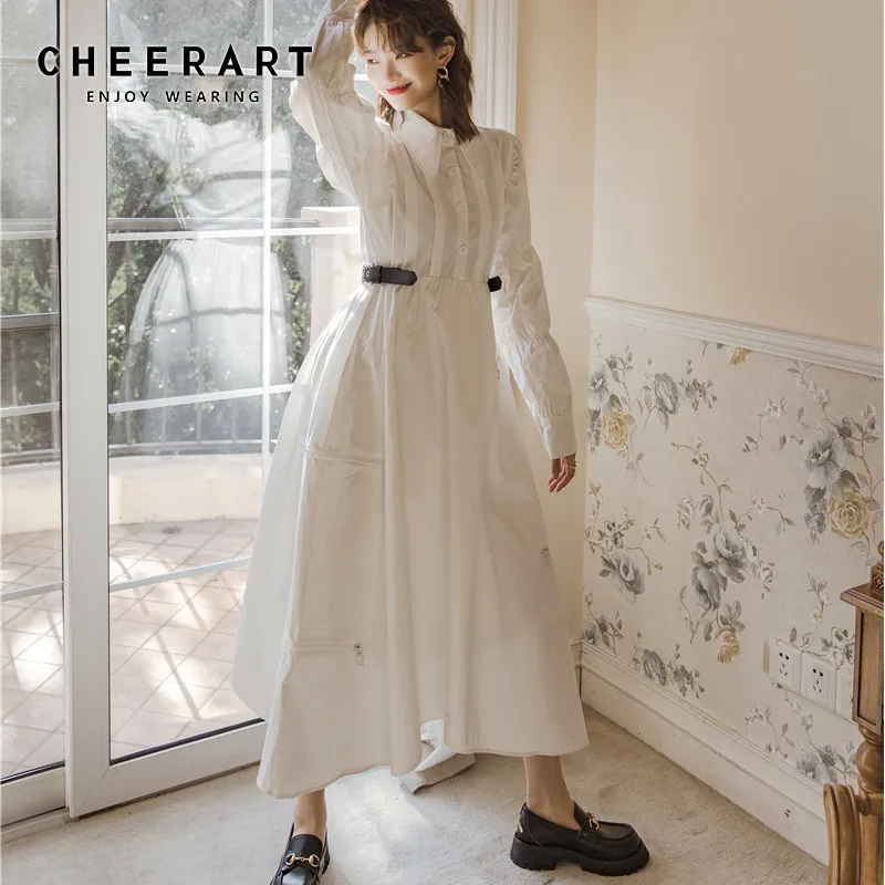 Длинное белое женское платье миди CHEERART с длинным рукавом а силуэт винтажное