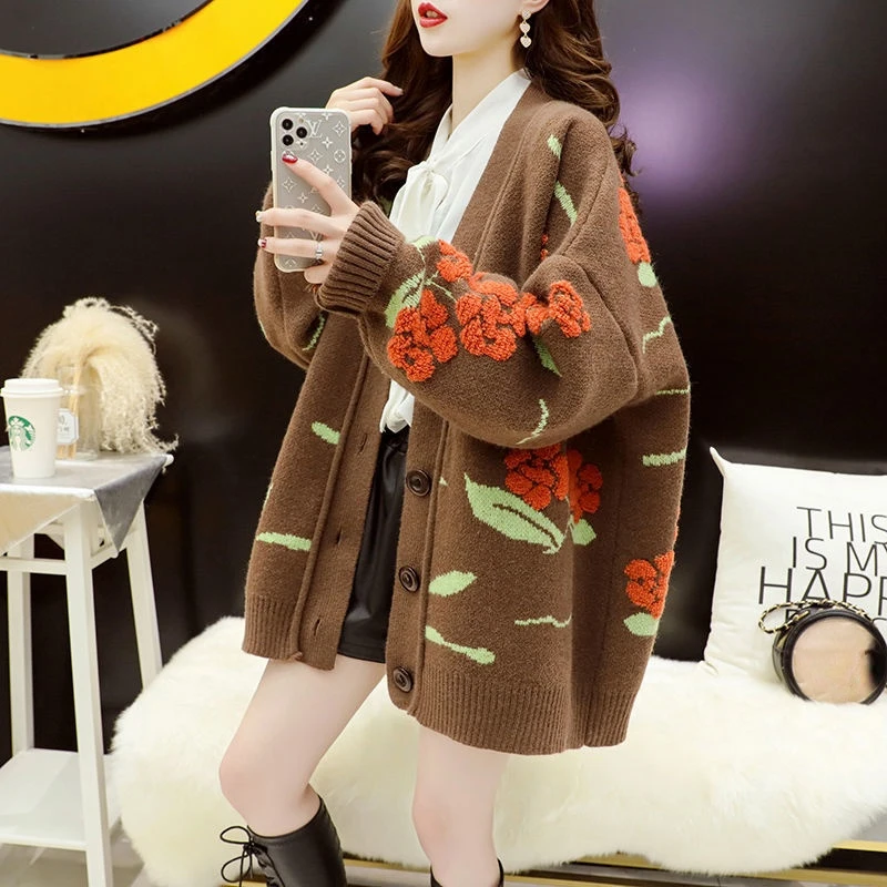 

Свитер EBAIHUI, кардиган, Женский Повседневный свободный элегантный топ с V-образным вырезом, Осень-зима 2021, плотные свитера с цветами, пальто ов...