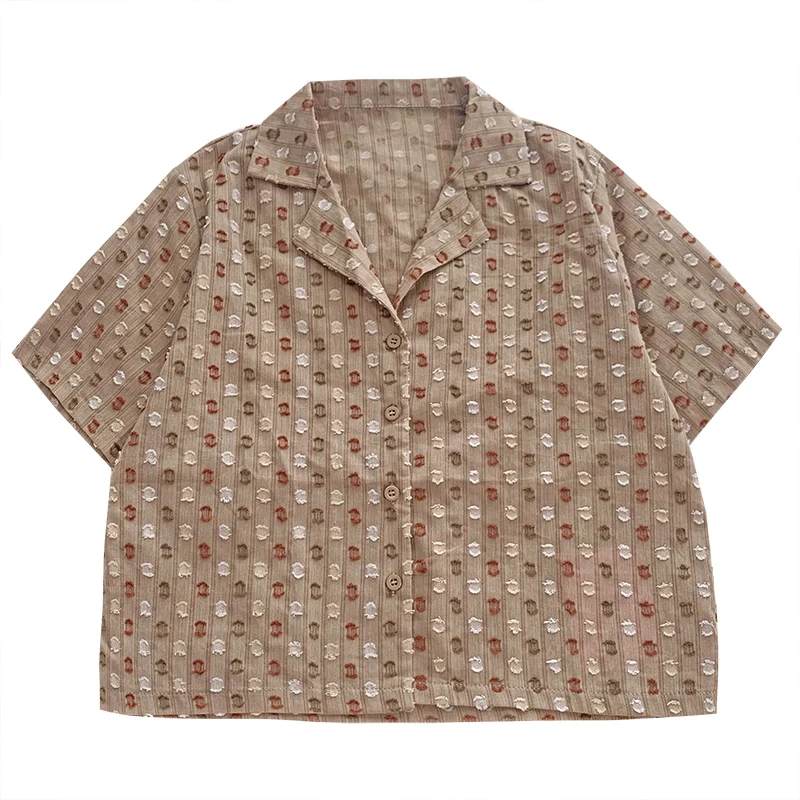 

Vintage color crochet design summer temperament turn-down collar buttoned loose thin wild short-sleeved shirt