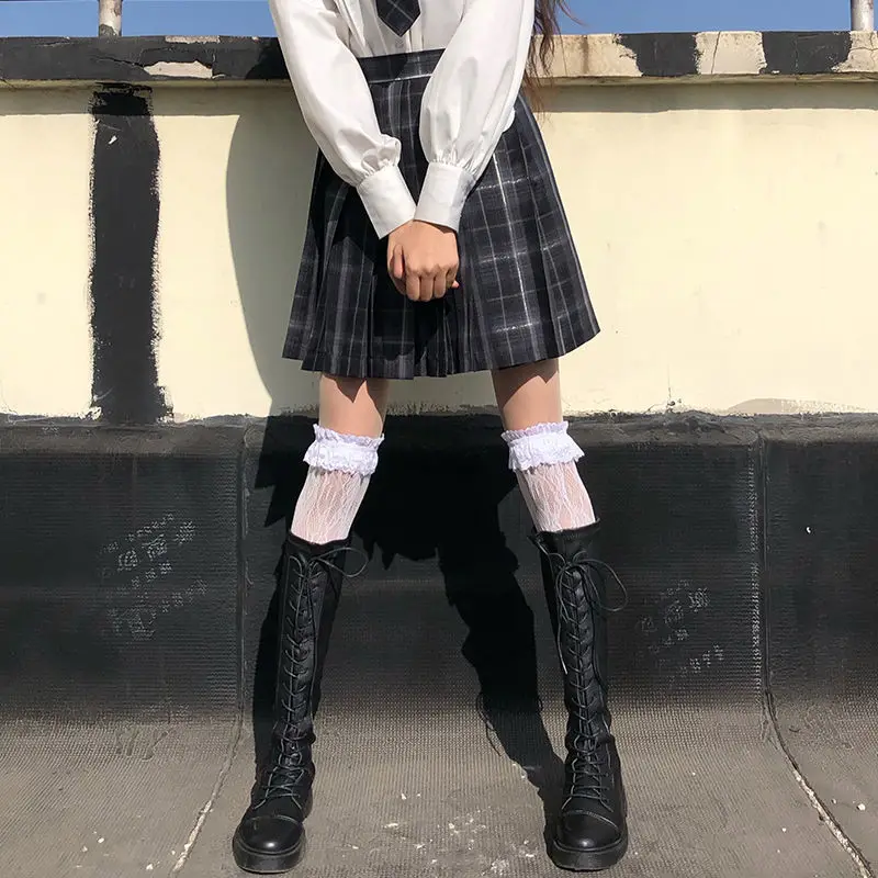 

[Smoky Gray] Girls Long/Short Sleeve High Waist Pleated Skirts Plaid Skirts Women Dress For JK School Uniform Students Clothes A