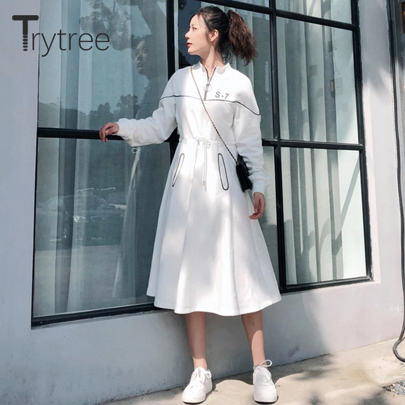 Trytree 2019 Осень Зима Женское Повседневное платье с o образным вырезом на молнии