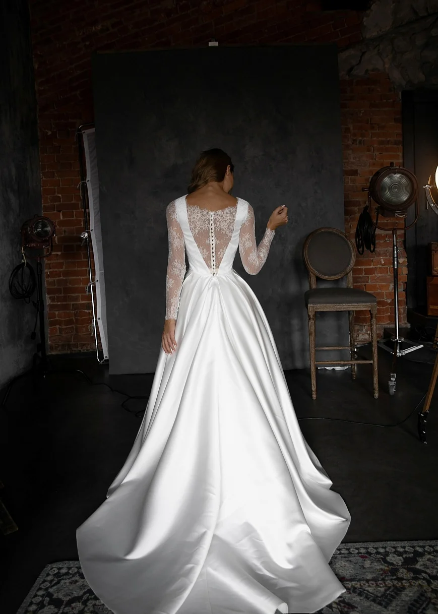 Белые/Свадебные платья цвета слоновой кости с карманом Vestido Noiva Элегантный атласный с длинным рукавом свадебное платье развертки Шлейфы для свадебных платьев