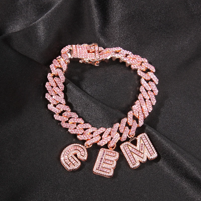 

7"-9" Customized Pink Letters Name Anklet Bracelets Bling Iced Out 12MM Cuban Link Chain for Women Men Hip Hop Rapper Jewelry