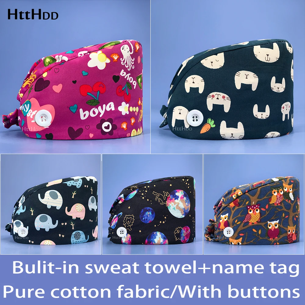 

Пот-абсорбент унисекс хлопок скрабы шляпа кнопки цветочный принт регулируемые аксессуары салон красоты работы Шапки Пылезащитная шляпа -- s