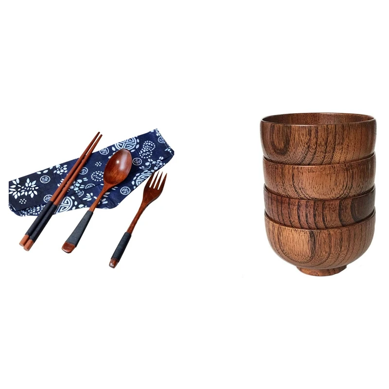 

ЯПОНСКИЕ ВИНТАЖНЫЕ деревянные палочки для еды, ложка, вилка, столовая посуда с деревянной чашей в японском стиле, Деревянная миска для риса