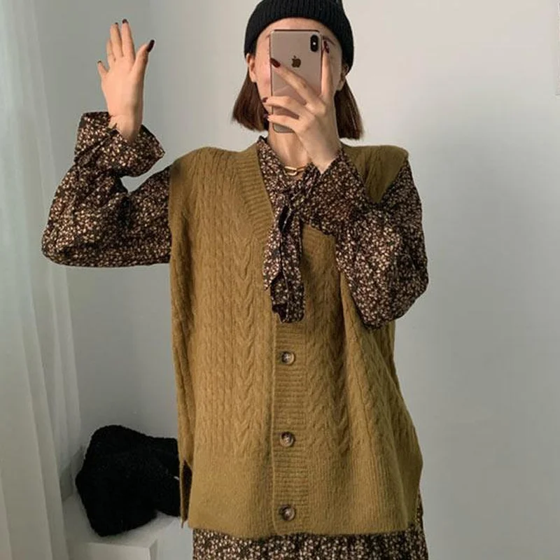 Женский Однотонный свитер-жилет с V-образным вырезом однобортный нежный