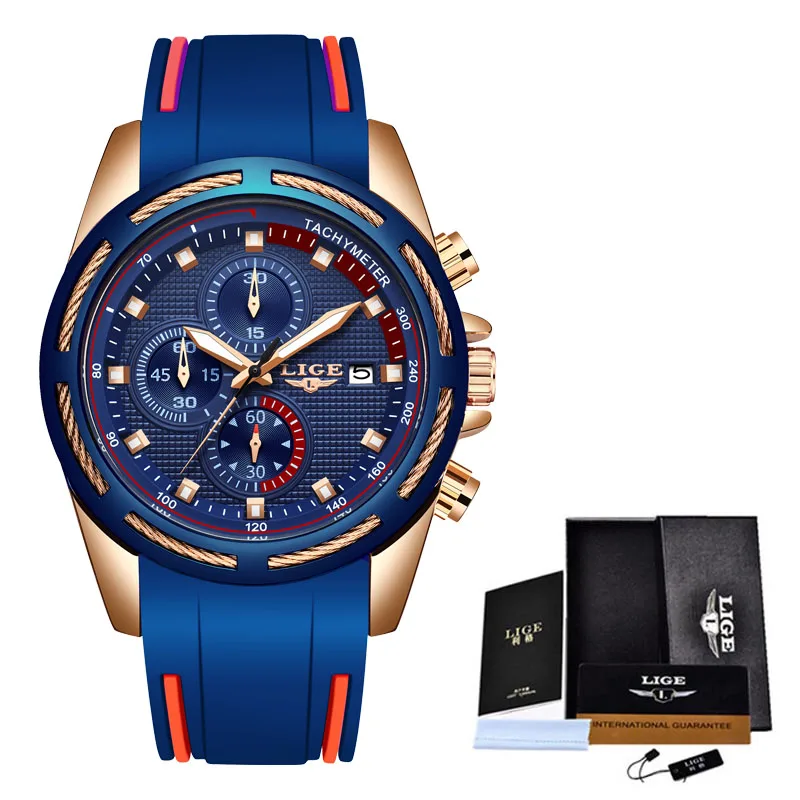 Rose gold blue LIGE, новинка, мужские часы, топ класса люкс, брендовые, мужские уникальные спортивные часы, мужские кварцевые часы с датой, водонепроницаемые наручные часы, Relogio Masculino - Цвет: Rose gold blue