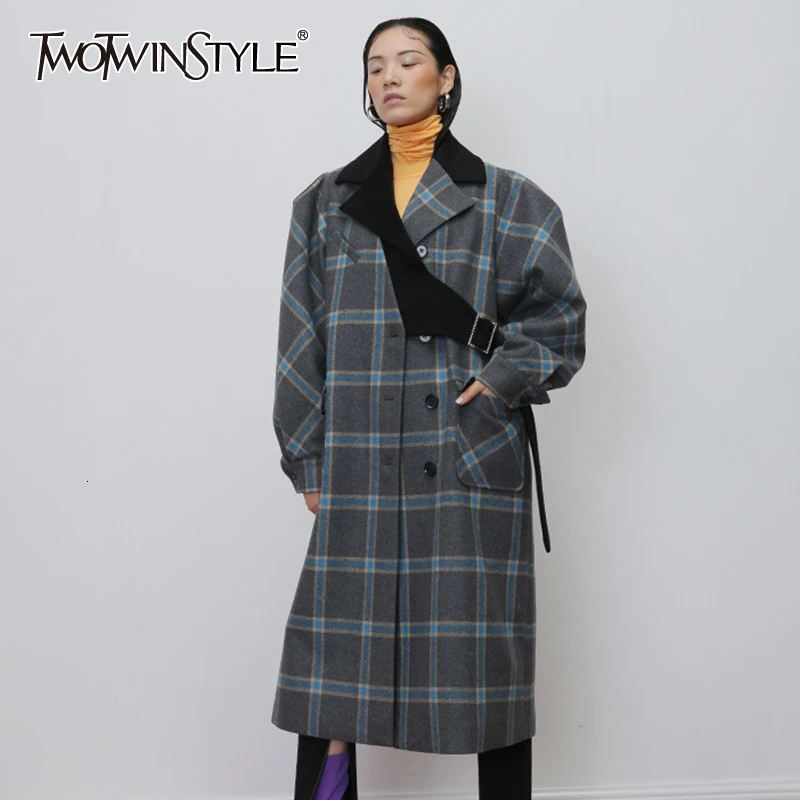 TWOTWINSTYLE плед Нерегулярные шерстяные пальто женский воротник с лацканами фонарь