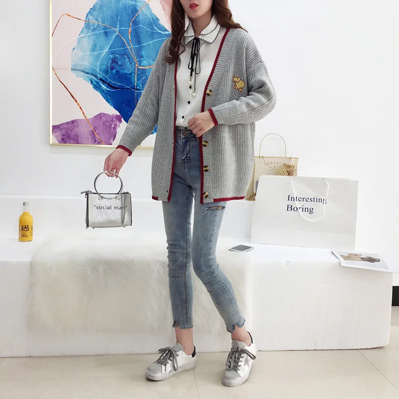 QoerliN Lazy Style Cardigans Women Sweater Student Chic Long Sleeve Jumper Single-Breasted Button Girls Gray Knitted Jacket Coat |