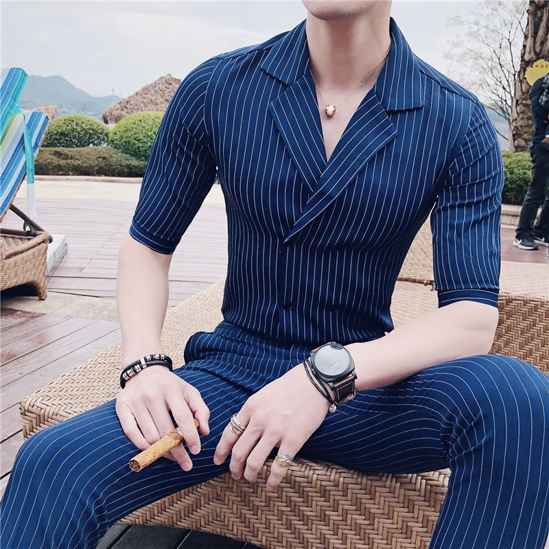 (Shirt + Pants) 2021 summer men's new luxury striped casual shirt 2-piece suit male half-sleeved shirt / nine-point pants suit
