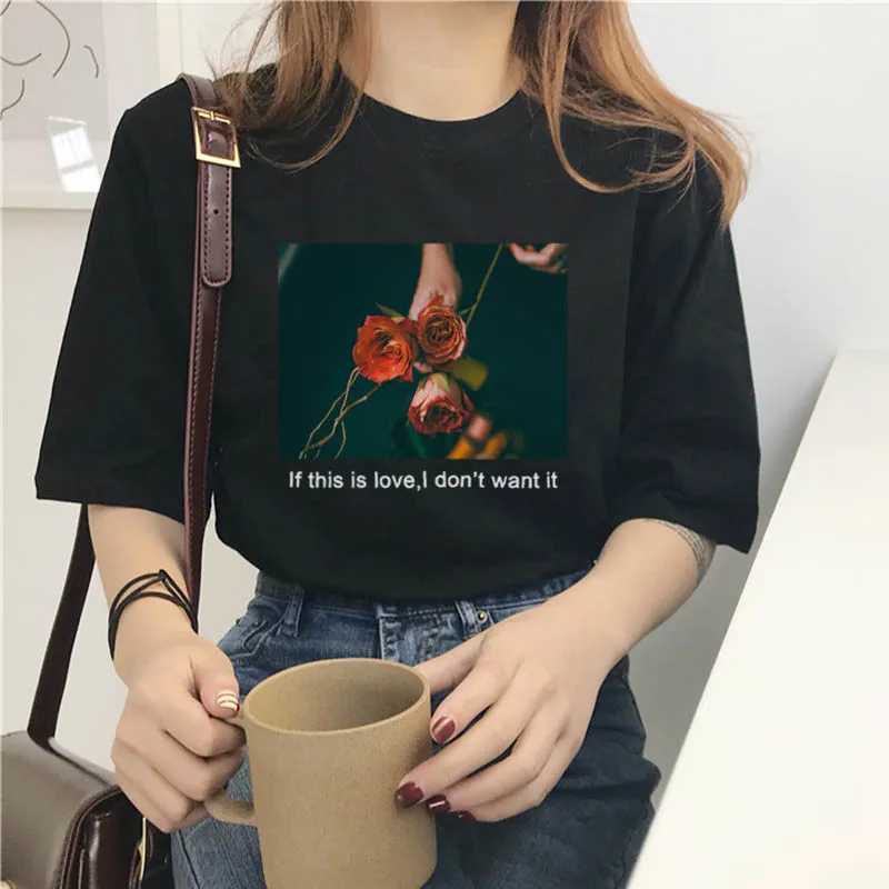 Женская футболка с круглым вырезом свободная черная принтом розы в мультяшном