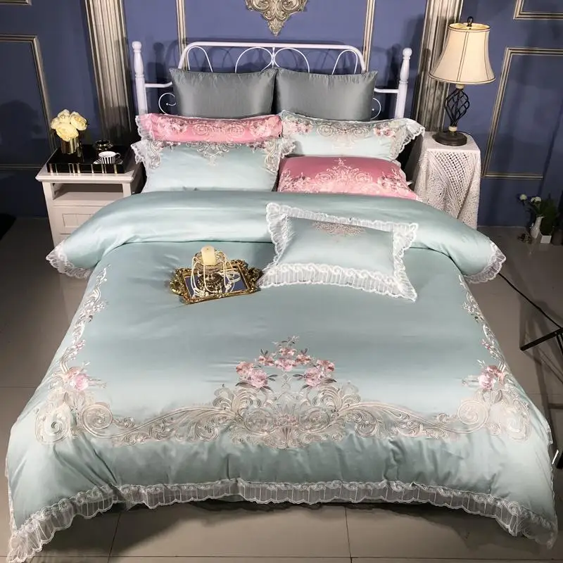 

5Pcs Lace Egyptian Cotton Luxury Bedding set king queen size Bed set Bedsheet Embroidery Duvet cover juego de cama parure de lit