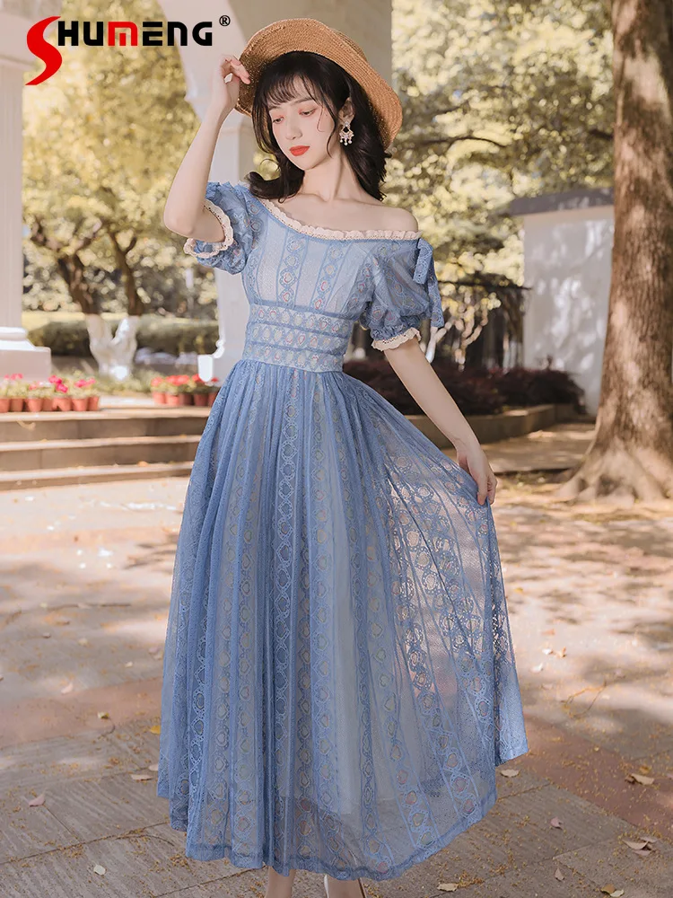 

Elegant Pullover off-the-Shoulder Lace Stitching Long Dresses Women 2021 Summer High Waist Hollow-out Light Blue Dress Female