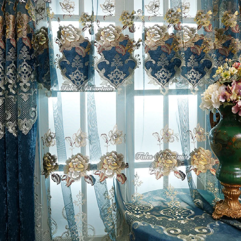 

European Style Curtains for Living Dining Room BedroomLight Luxury Villa Embroidery Curtain Tulle Finished Product Customization