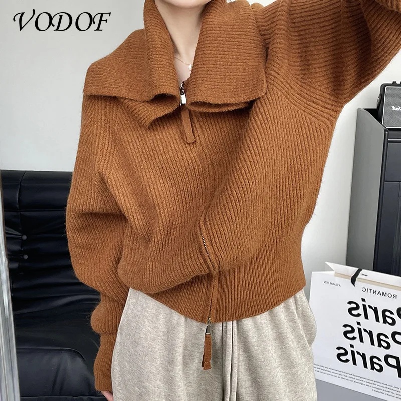 VODOF OL Outwear Tops Solid Sweater Women 2021 New Autumn Winter Elegant Lapel Thick Warm Knitted Cardigan Female Sweaters