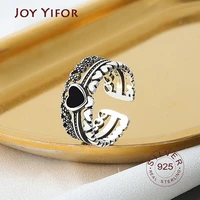 s925 sterling silver rings for women heart black zircon crown finger open adjustable ring trendy vintage fine jelwery