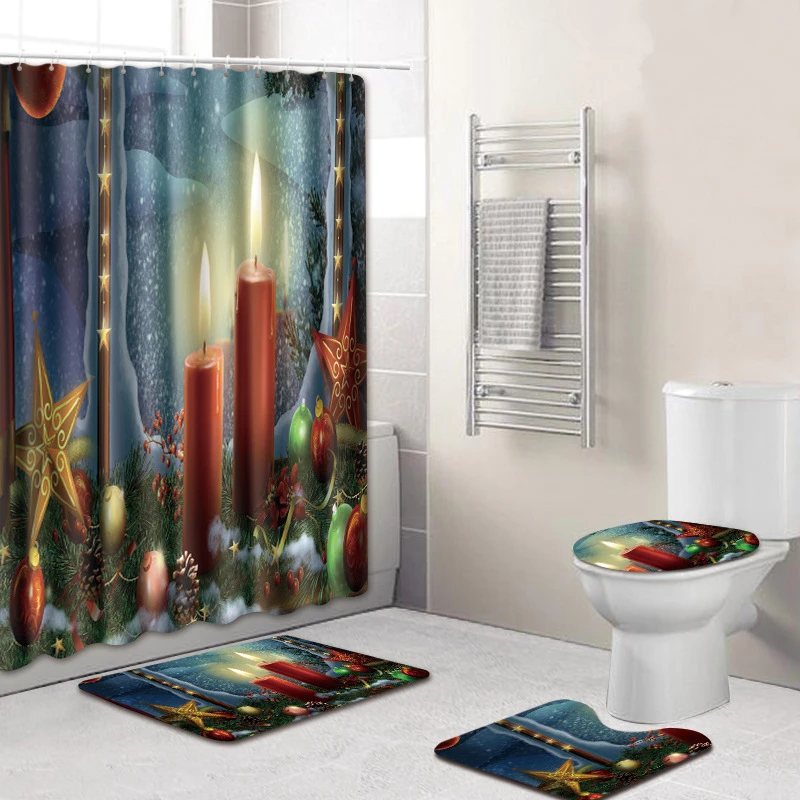 

Zeegle Christmas Bath Mat Set with Shower Curtain Toilet U Type Mat Pedestal Rug Lid Toilet Cover Anti-slip Doormat Floor Rug
