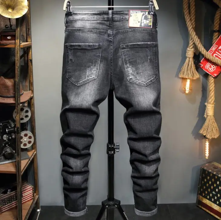 Autumn mens jeans black embroidered stretch men's trousers штаны мужские European and American style slim washed pants