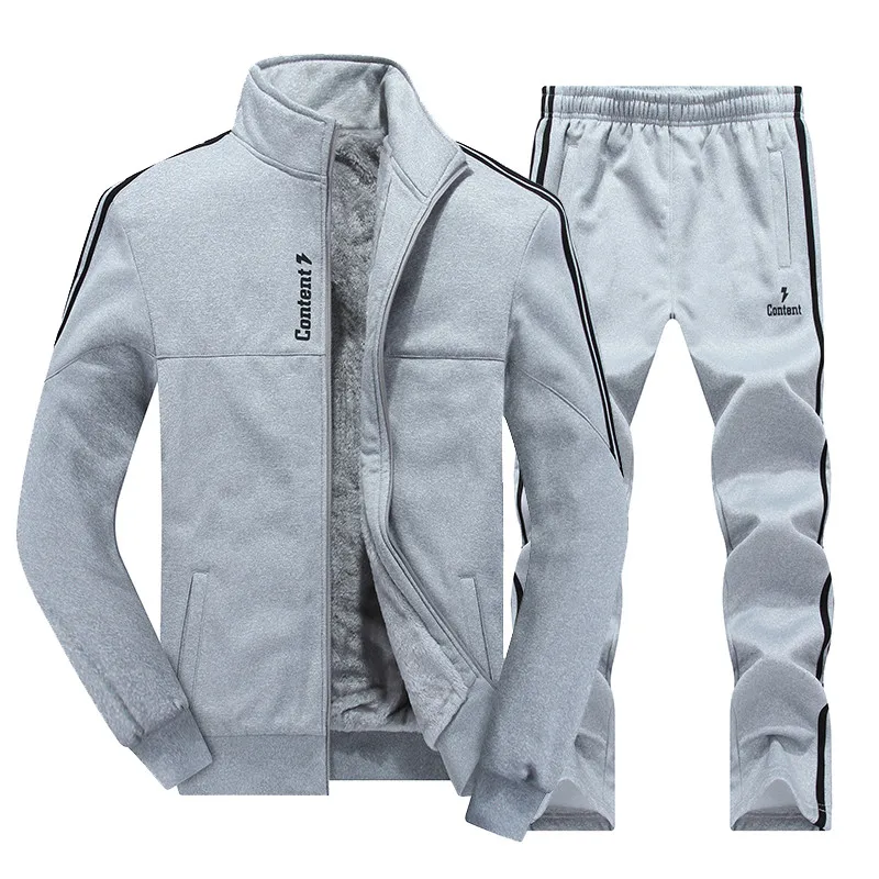 Winter Men's Sets Plus Velvet Jogging Sport Suits Jacket + Pants Sportswear Set Fitness Warm Tracksuit Zip Pocket Male's Clothes