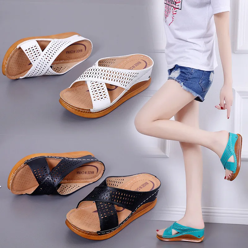 

Summer Leisure Rome Women Slippers Open Toe Flip Flops Hollow Out Overlapping Thick Bottom Solid Color Slides Sandals Zapatillas