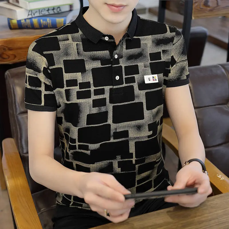 

Summer polo men's Korean Short Sleeve T-Shirt youth versatile Plaid top lapel