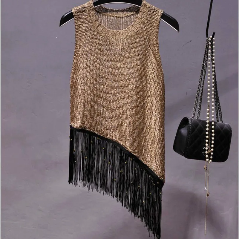 Вязаный жилет с блестками и кисточками золотыми нитями Мини рубашка без рукавов