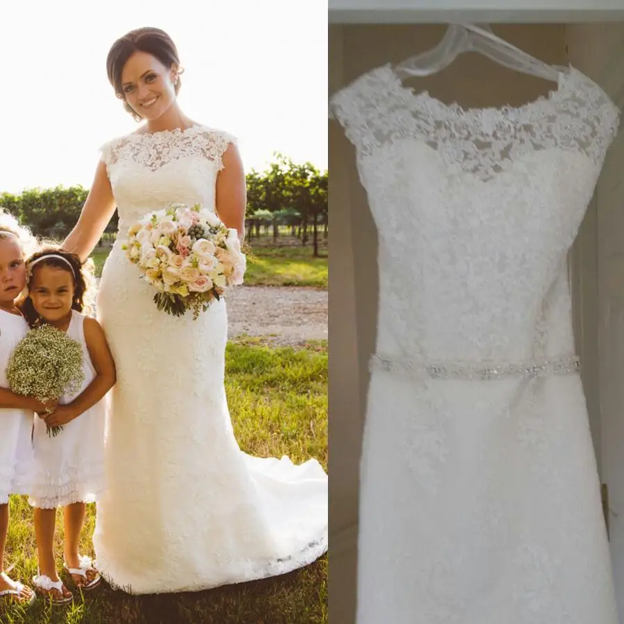 

New 2020 Cap Sleeves Applique Fully Lace Overlay Mermaid Wedding Dress with Beading Belt Sexy Bridal Dresses