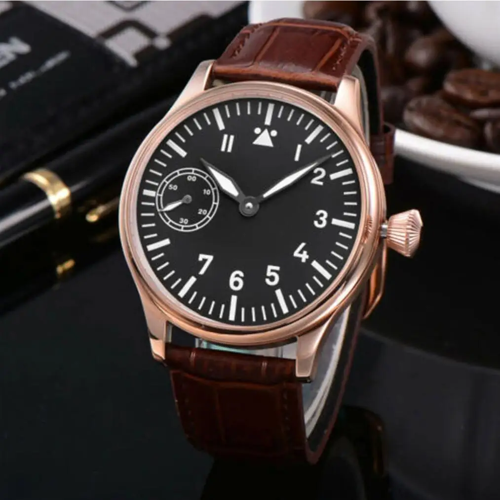 

Corgeut 44mm Mens Watch Rose gole Case Sterile Luminous Dial 316L Cowhide Manual Mechanical Winding 6497 Movement Watch