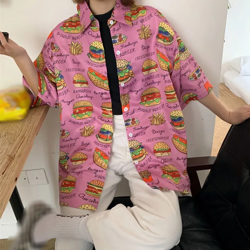 

Women Harajuku Retro Print Shirt Summer Ladies Loose Turn-down Collar Streetwear Tops Vintage Print Blouse