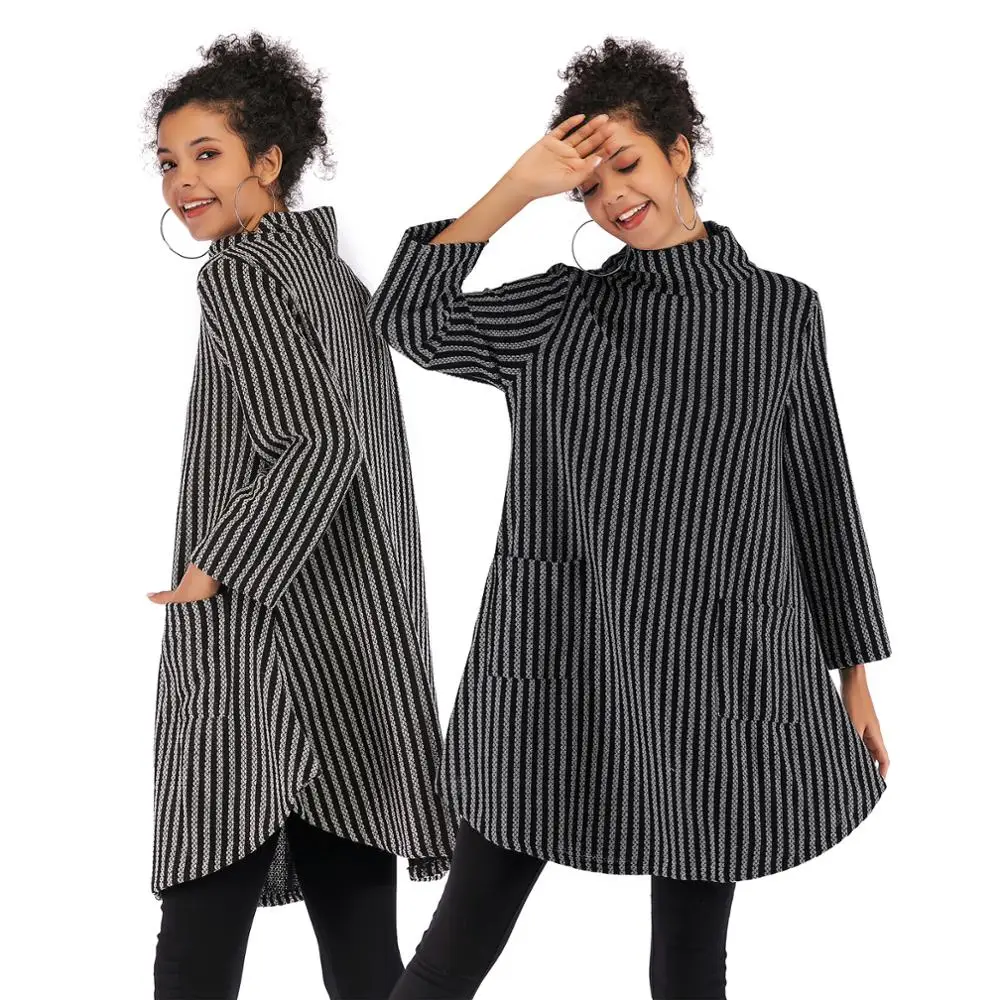 PGSD Autumn winter simple Big size Women knitted sweater pocket Long stripe Pullover loose casual Warm Turtleneck female clothes | Женская