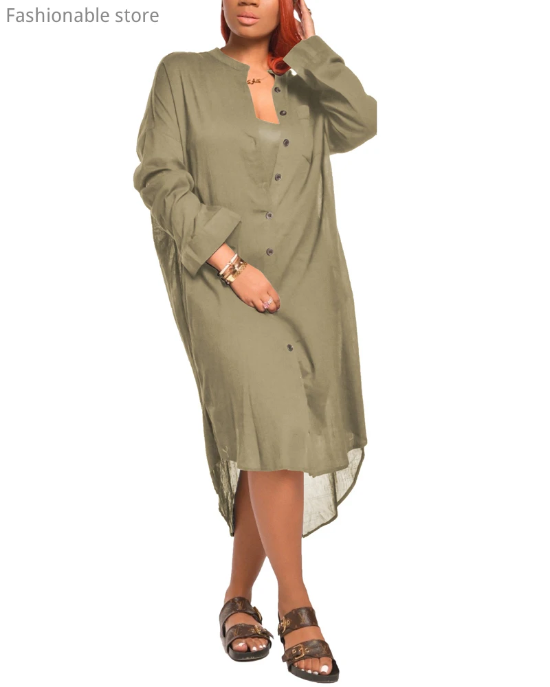 

Women Casual Long Sleeve V Neck Solid Color Irregular Shirt Dress