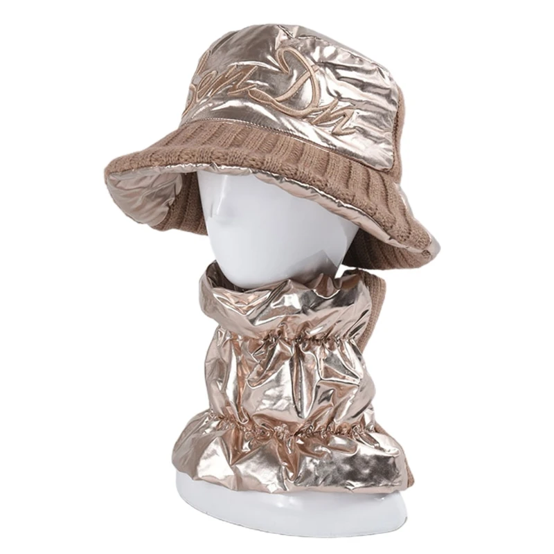 

Unisex Winter 2Pcs Bucket Circle Scarf Set Shiny Metallic Knit Letters Embroidery Fisherman Cap Plush Lined Neck Warmer