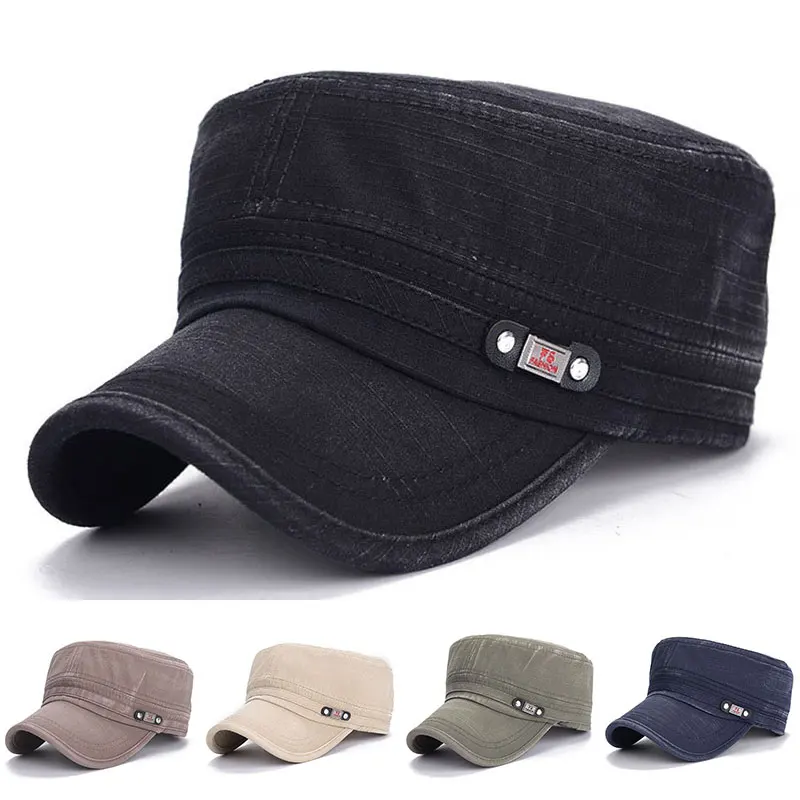 

1PC New Classic Fashion Washed Cotton Military Caps Men Cadet Army Cap Unique Design Vintage Flat Top Hat Adjustable Hot Sold