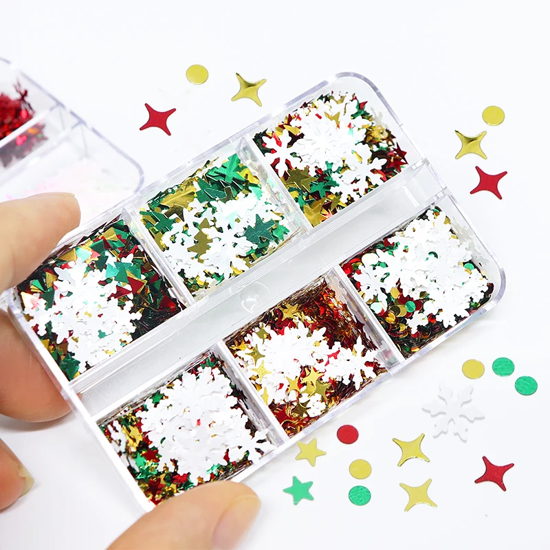 

6 Grids Christmas White Snowflake Sparkly Nail Sequins Colorful Snow Glitter Flakes Set For Manicure Winter Nail Art Decorations
