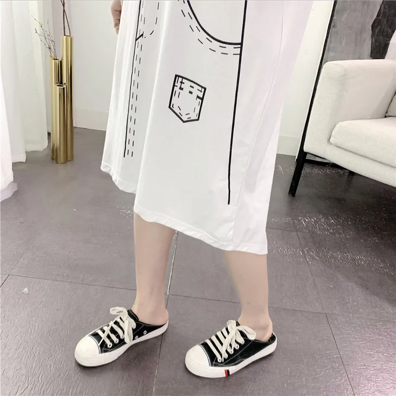 

Half Sleeve Dress Women Summer Print Loose Mid-calf Dresses Female H-line Preppy Style Simple Harajuku Fake-two Pieces Leisure