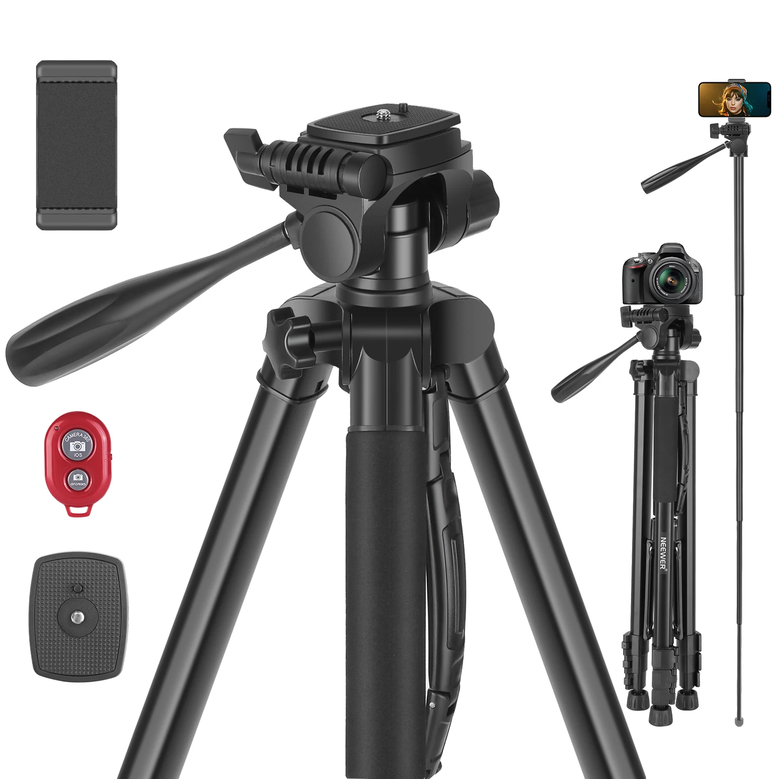 

Neewer Camera Tripod, 2-in-1 Tripod Monopod with Swivel Pan Head, Phone Clip, Wireless Selfie Remote for DSLR Camera, Camcorder