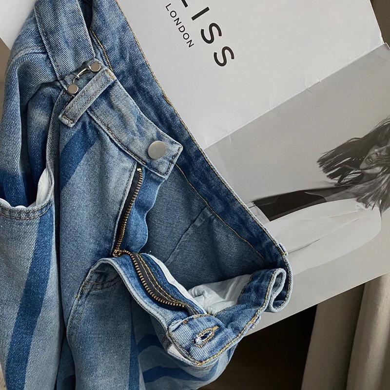 

CHICEVER Hit Color Denim Pants For Women High Waist Stripe Wide Leg Loose Jeans Casual Female Fashion New Spring Clothing 2021