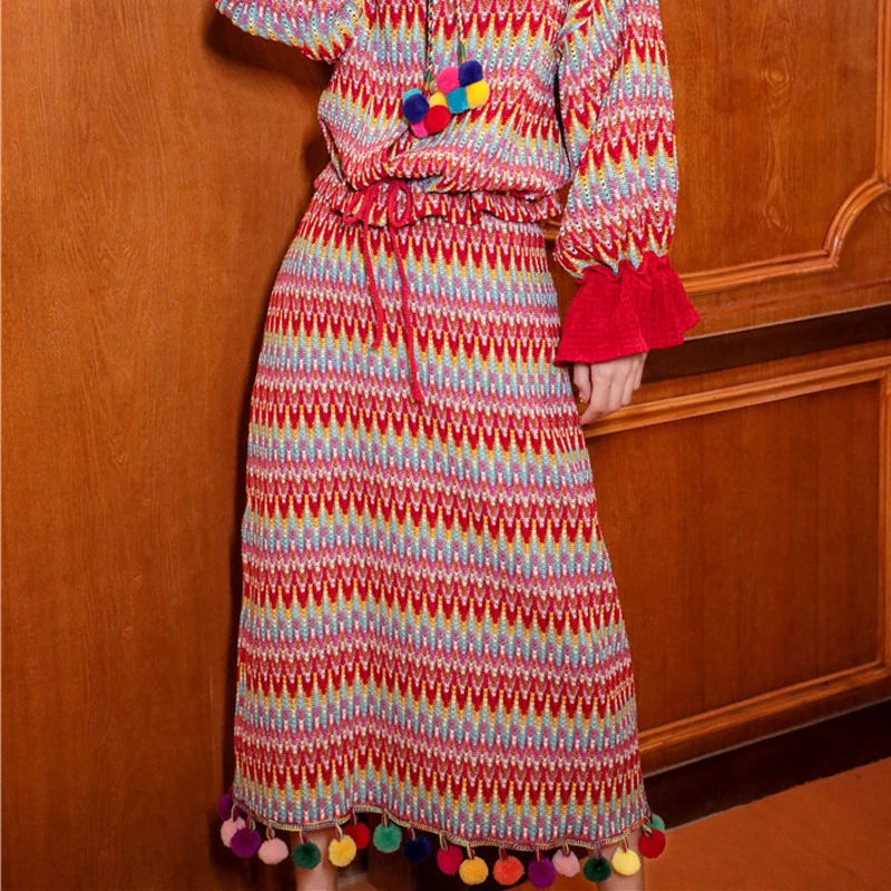 Ретро национальная трикотажная Женская Повседневная Длинная юбка
