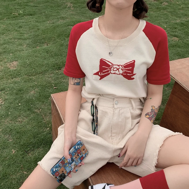 

Knitted T-Shirt Women Summer 2020 Korean Style Cute Bow Pattern Short Sleeve Tshirt Tops Knitwear Red Black tee shirt femme T478