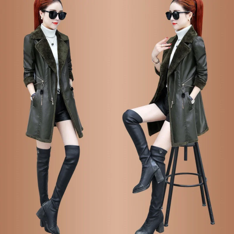 Новинка длинный женский кожаный осенне-зимний плащ из искусственной кожи с мехом