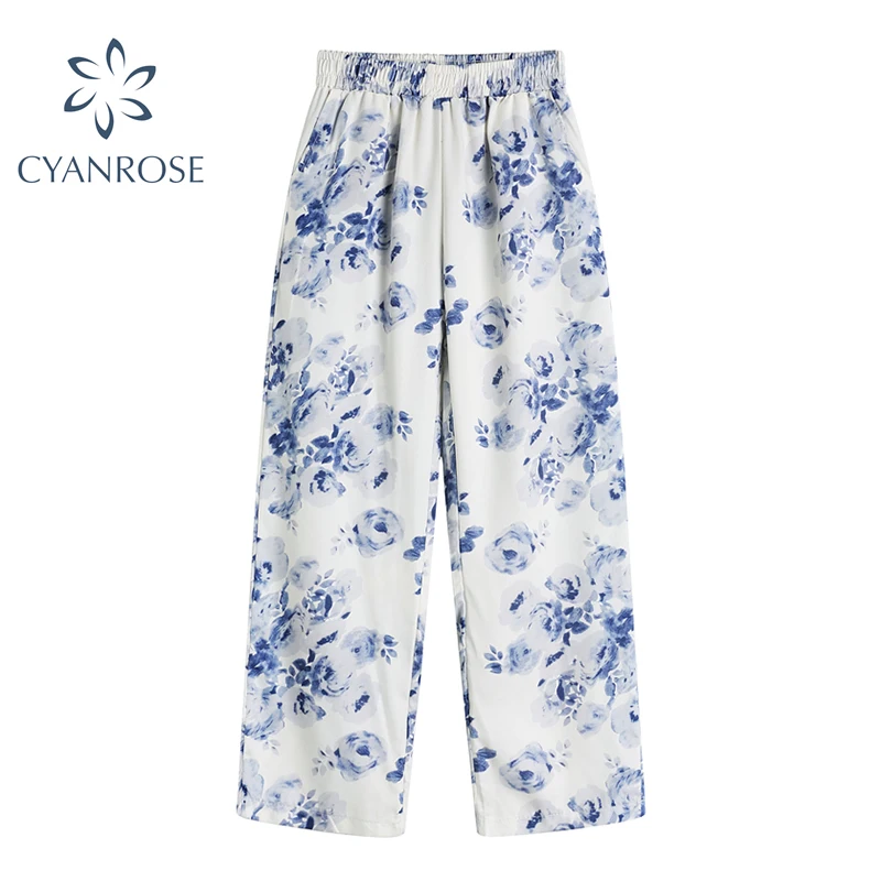 

2021 Fashion New Products Trend Wide Leg Pants Women's Autumn Ins Retro Blue Treasure Rose Printed Loose Straighting Pant Female