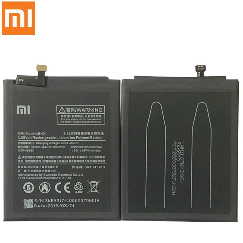 Xiao Mi Оригинальный аккумулятор для телефона BN31 Xiaomi 5X Mi5X Redmi Note 5A / Pro A1 Y1 Lite S2 3000 мАч